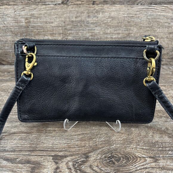 Fossil Crossbody Bag Women's Black Leather Wallet Clutch Detachable Strap Brass - Picture 3 of 7